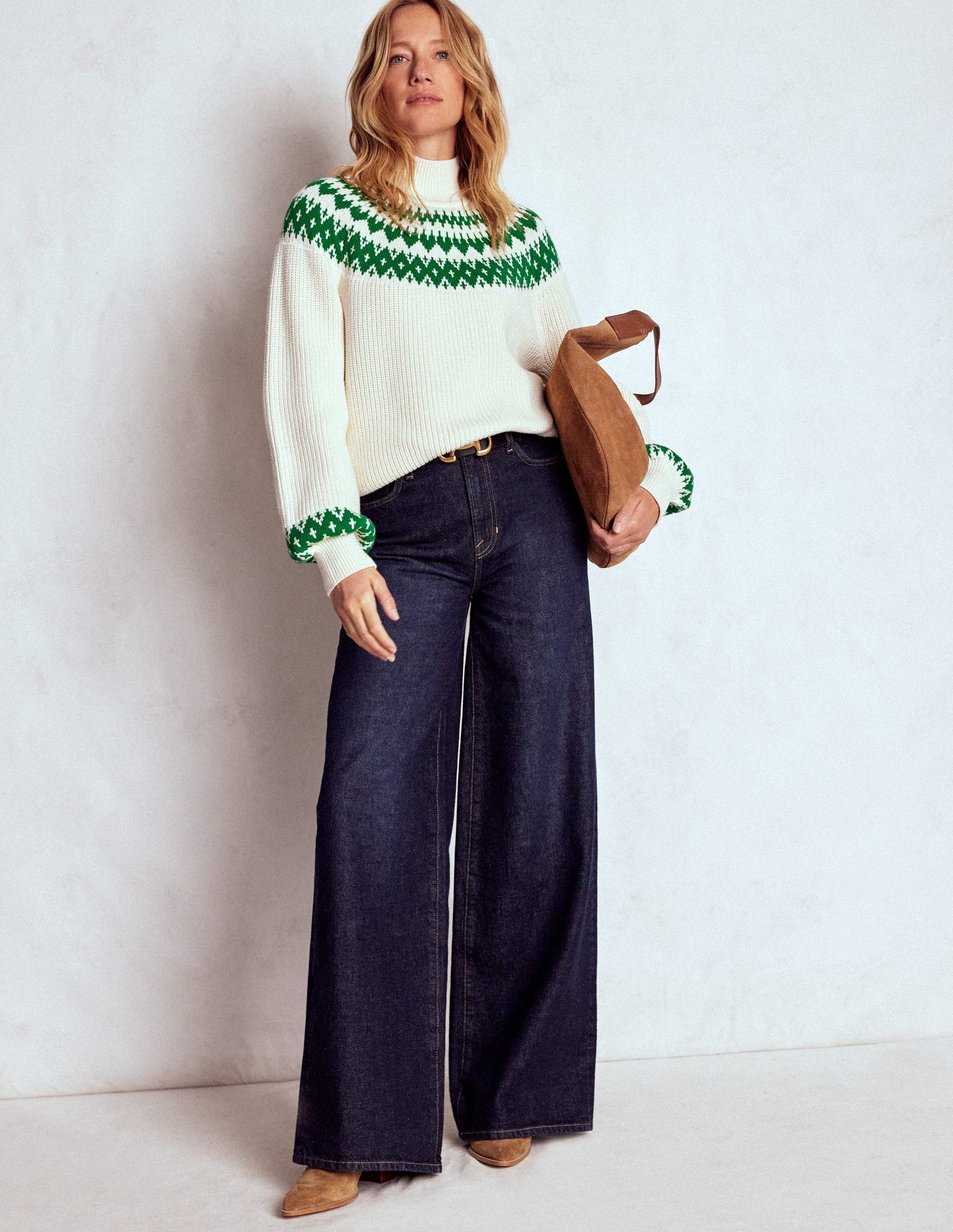 Bianca Cotton High Neck Jumper-Warm Ivory Fair Isle