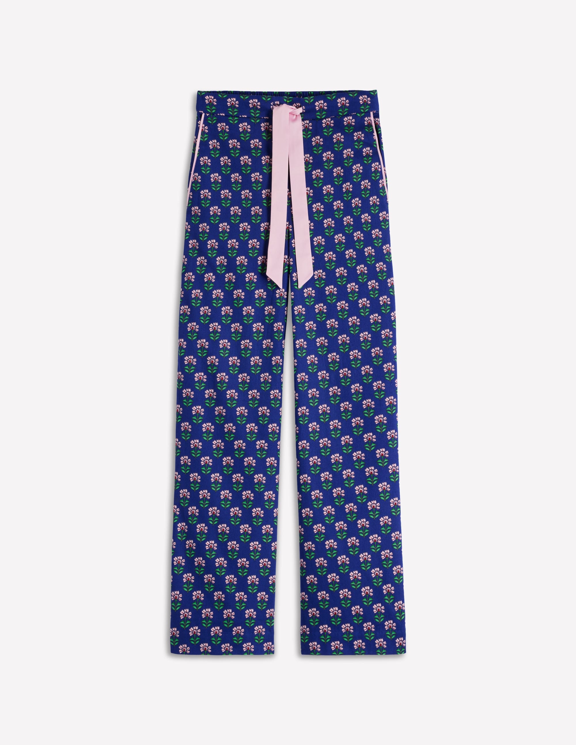 Cotton Pyjama Trousers-Bright Blue, Woodblock Flower - Image 5