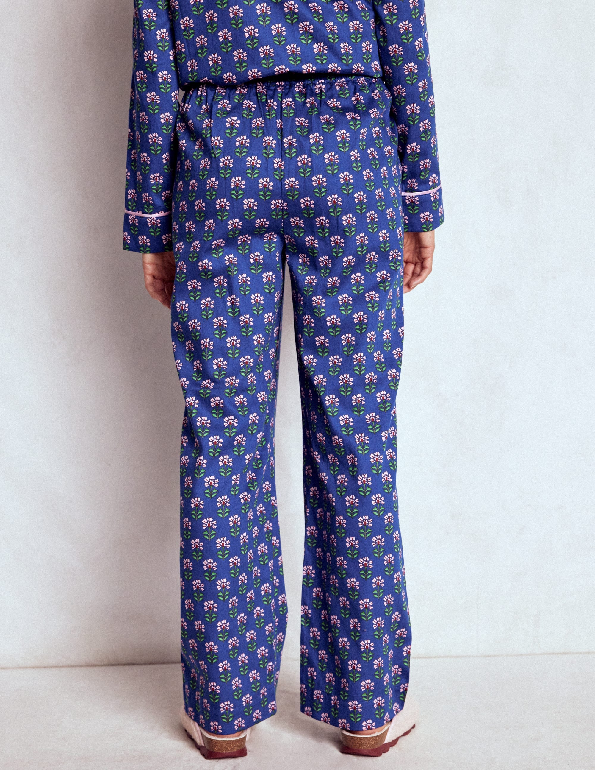 Cotton Pyjama Trousers-Bright Blue, Woodblock Flower - Image 3