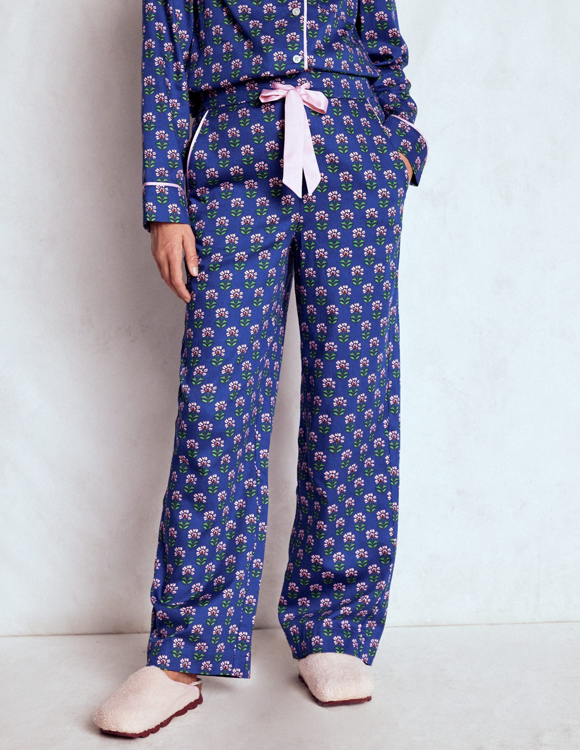 Cotton Pyjama Trousers-Bright Blue, Woodblock Flower - Image 1