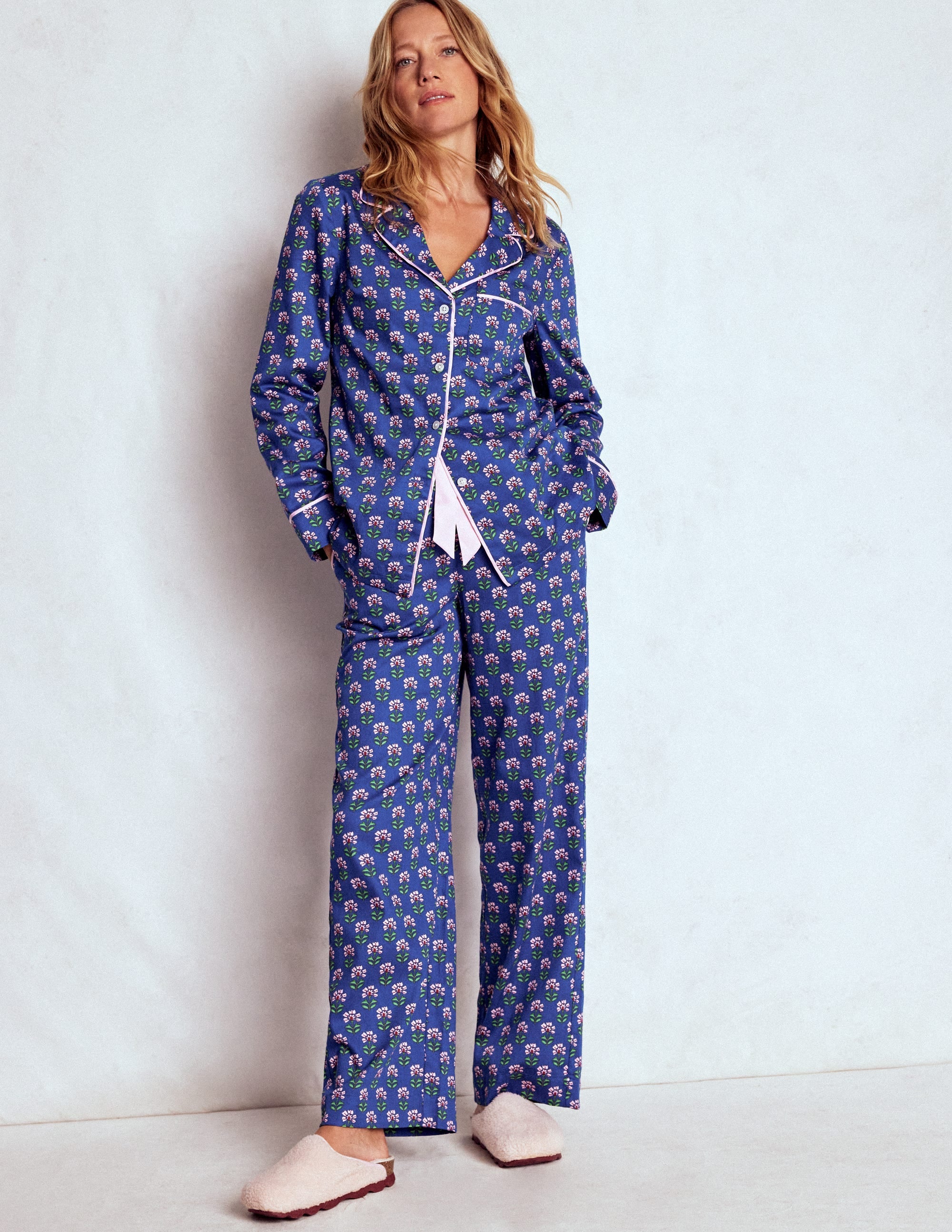 Cotton Pyjama Trousers-Bright Blue, Woodblock Flower - Image 4