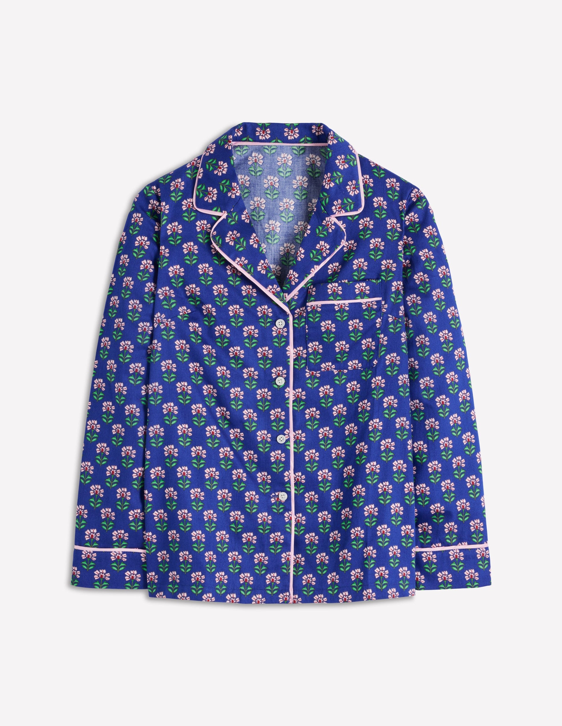 Cotton Pyjama Shirt-Bright Blue, Woodblock Flower-5