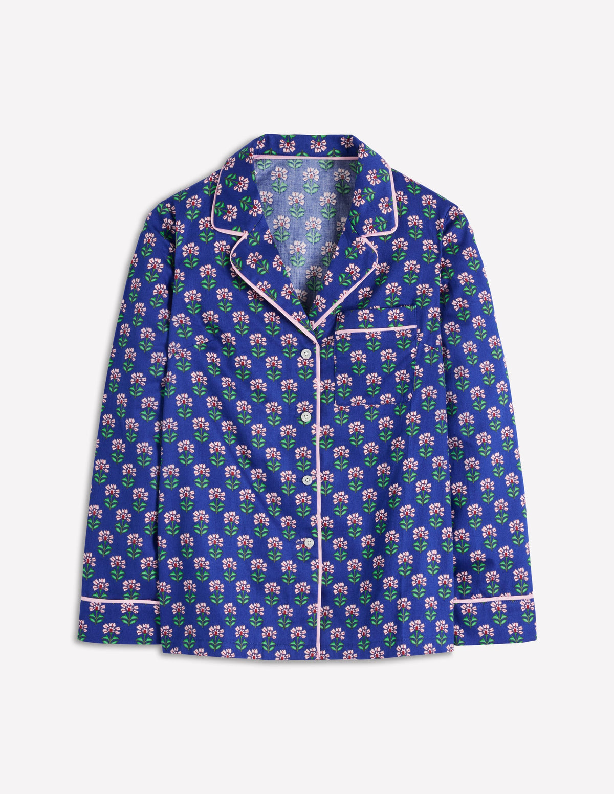 Cotton Pyjama Shirt-Bright Blue, Woodblock Flower - Image 5
