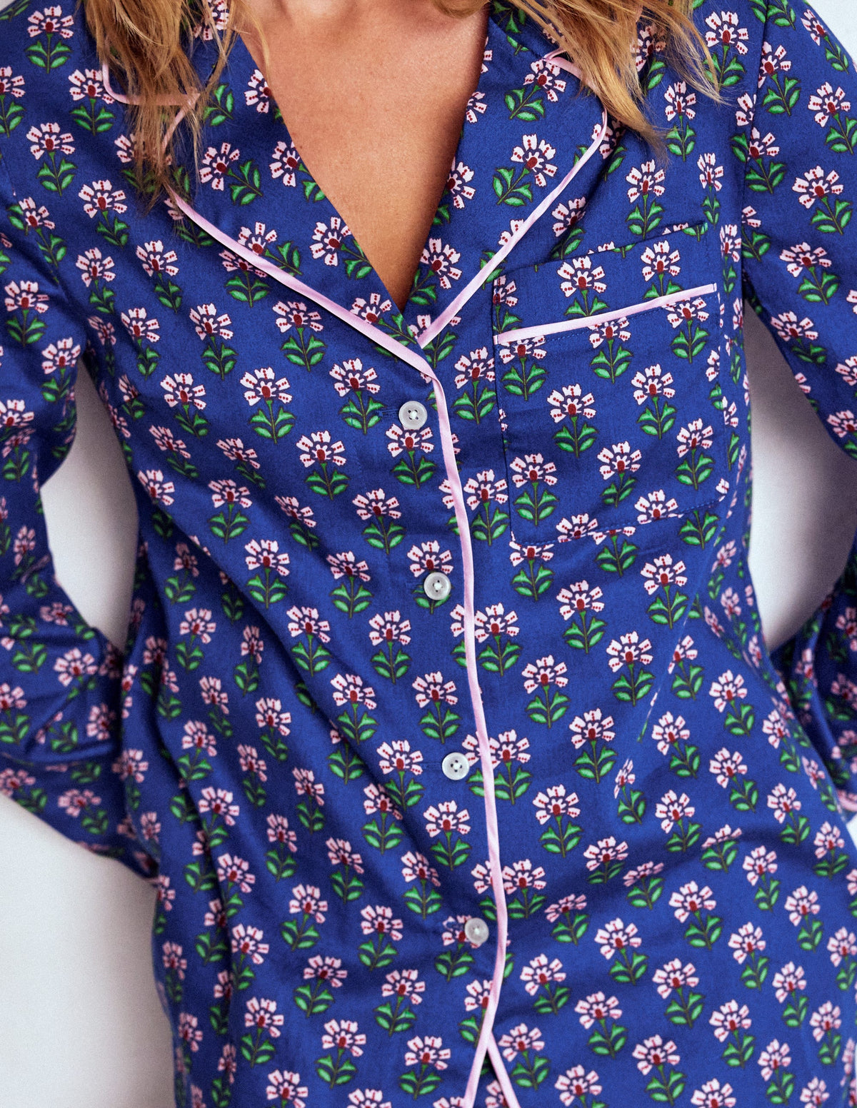 Cotton Pyjama Shirt-Bright Blue, Woodblock Flower - Image 2