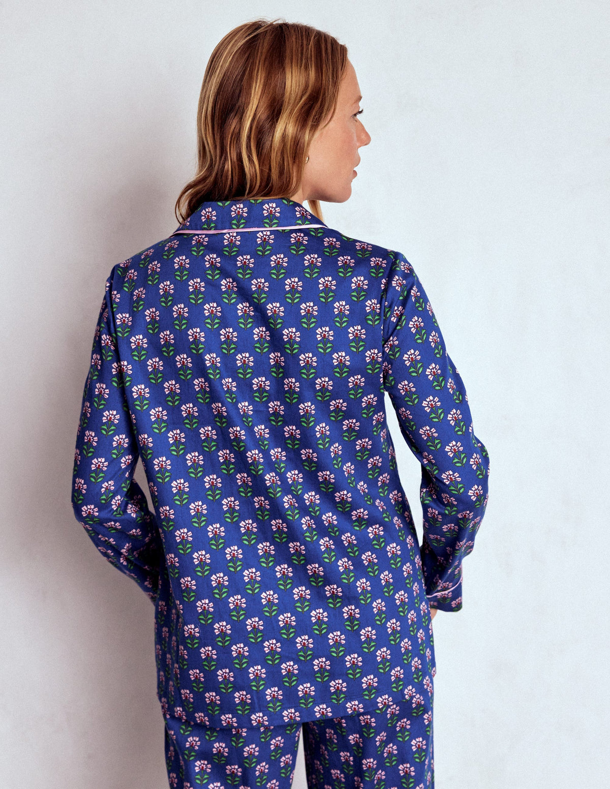 Cotton Pyjama Shirt-Bright Blue, Woodblock Flower - Image 3