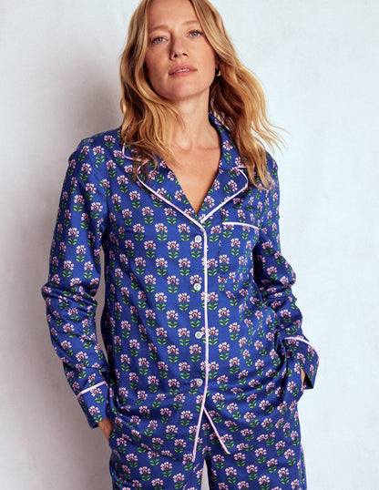 Cotton Pyjama Shirt-Bright Blue, Woodblock Flower-4