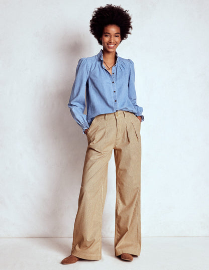 Brompton Wide Leg Trousers-Tan and Ecru Stripe-1