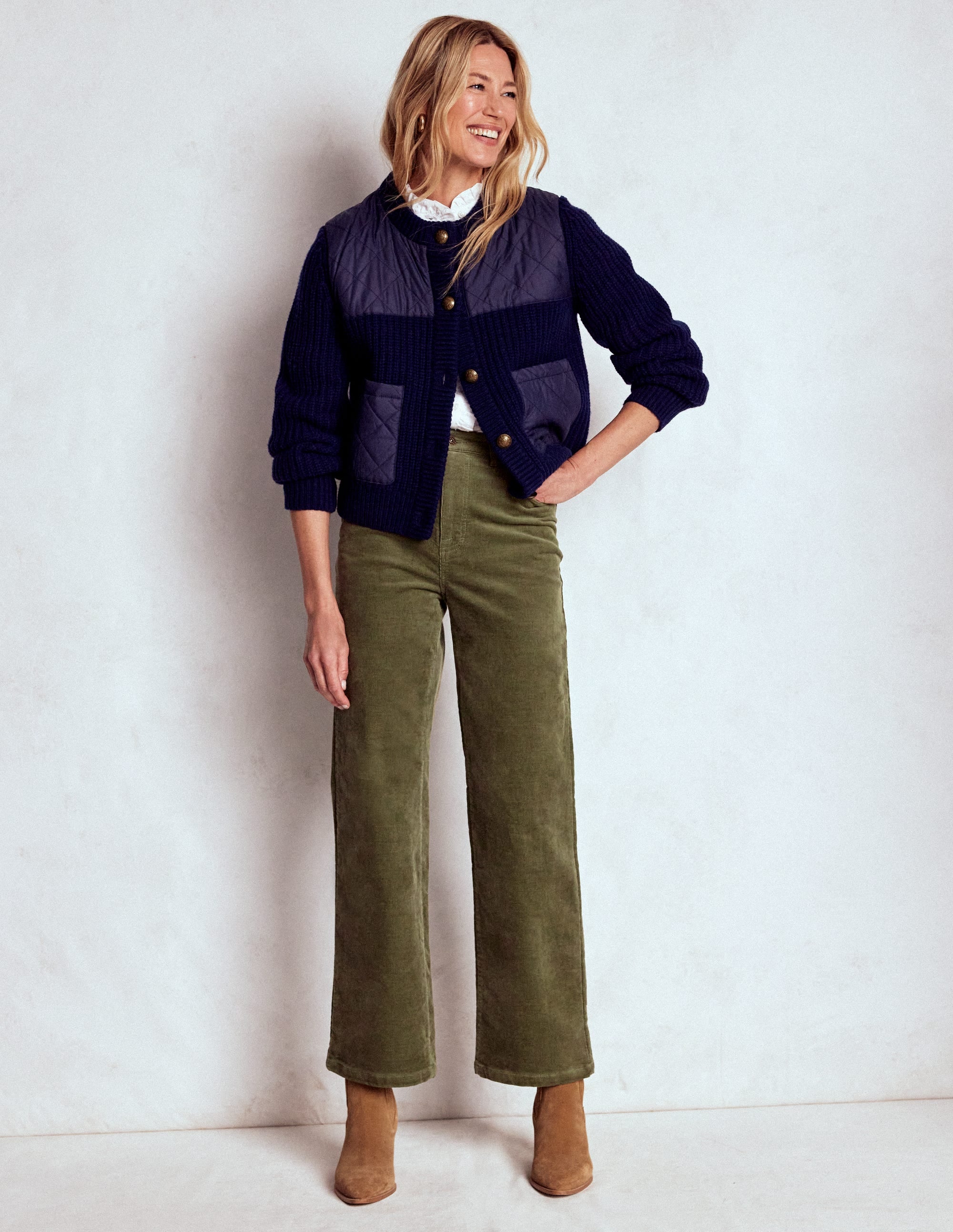 High Rise Cord Column Jeans-Green - Image 1