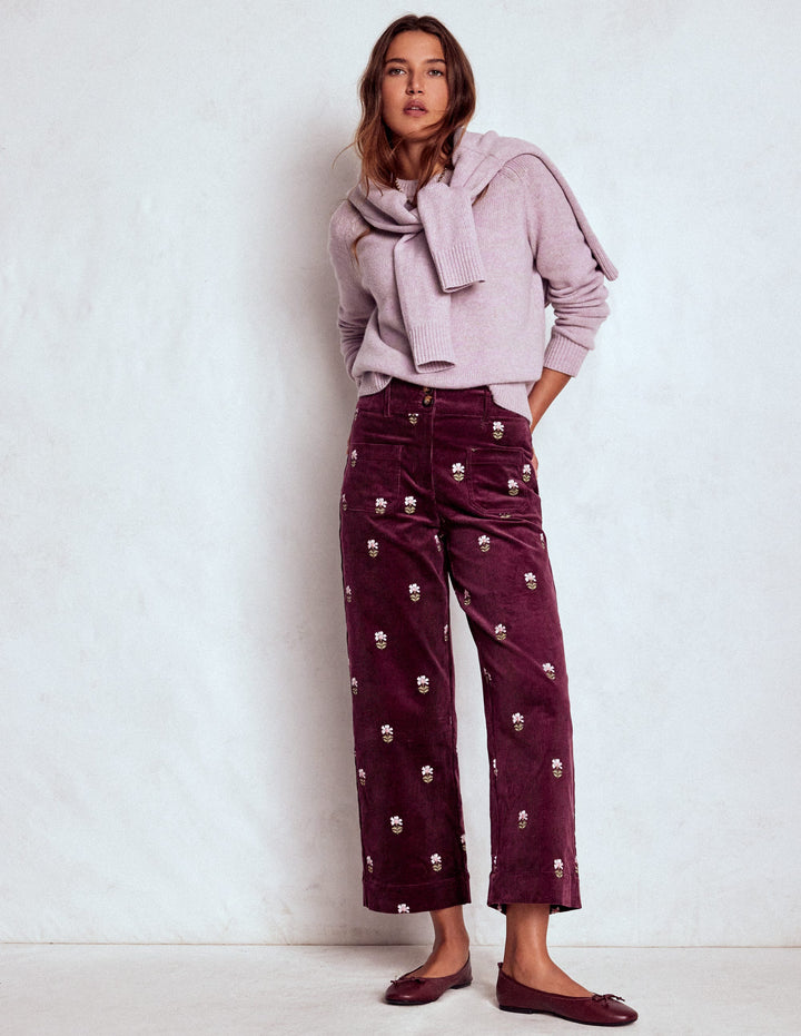 Primrose Cord Trousers-Dark Cherry Embroidery