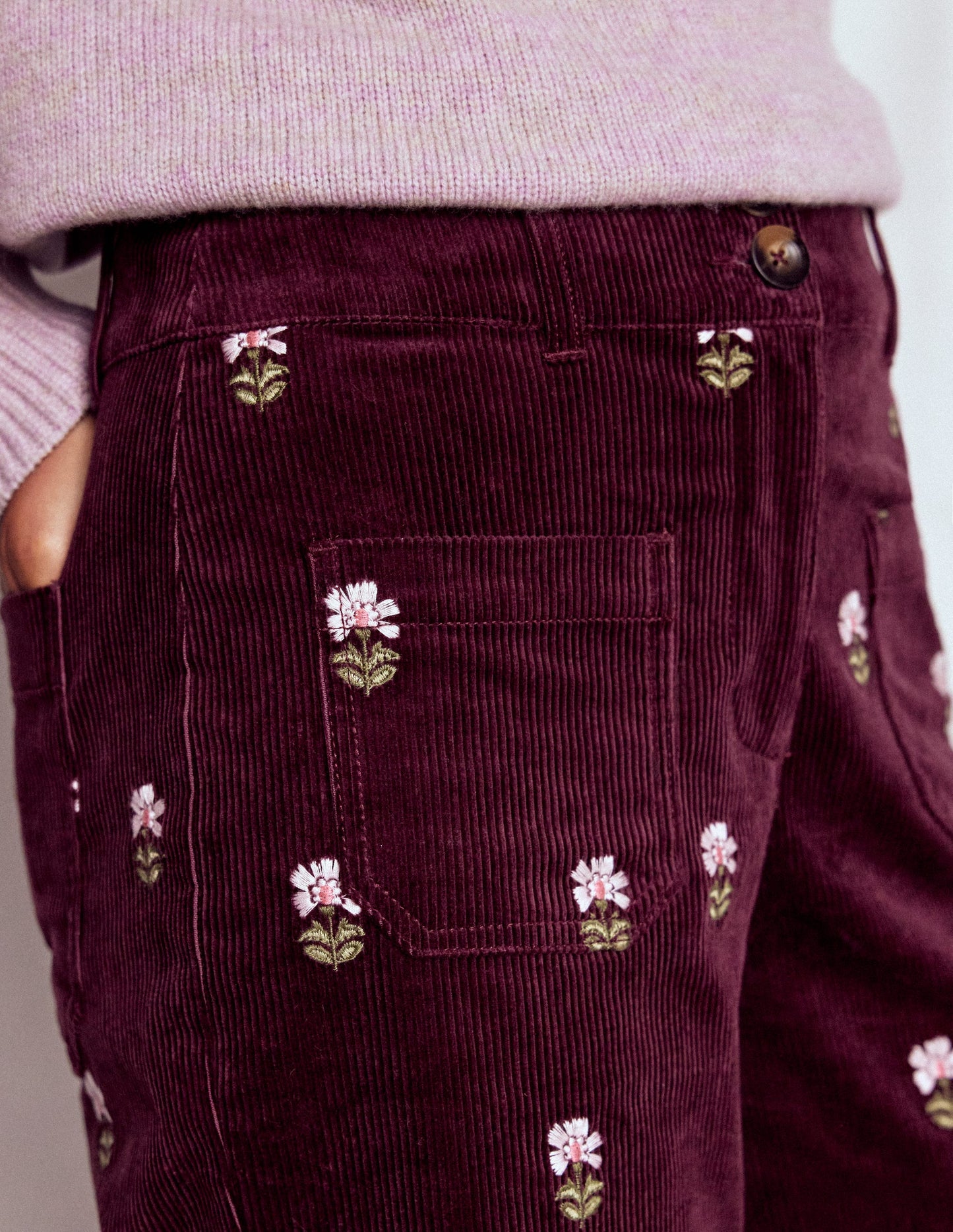Primrose Cord Trousers-Dark Cherry Embroidery