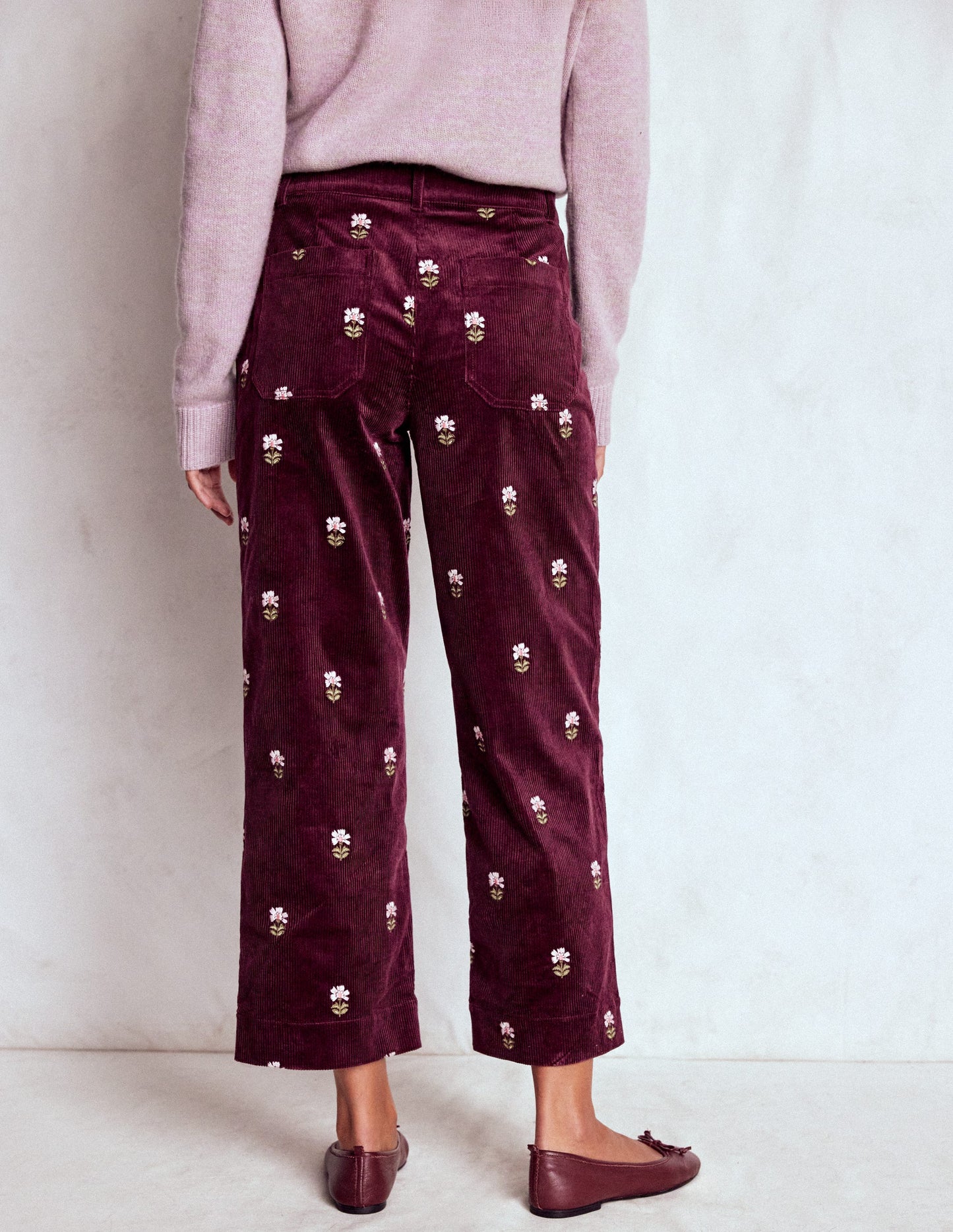Primrose Cord Trousers-Dark Cherry Embroidery