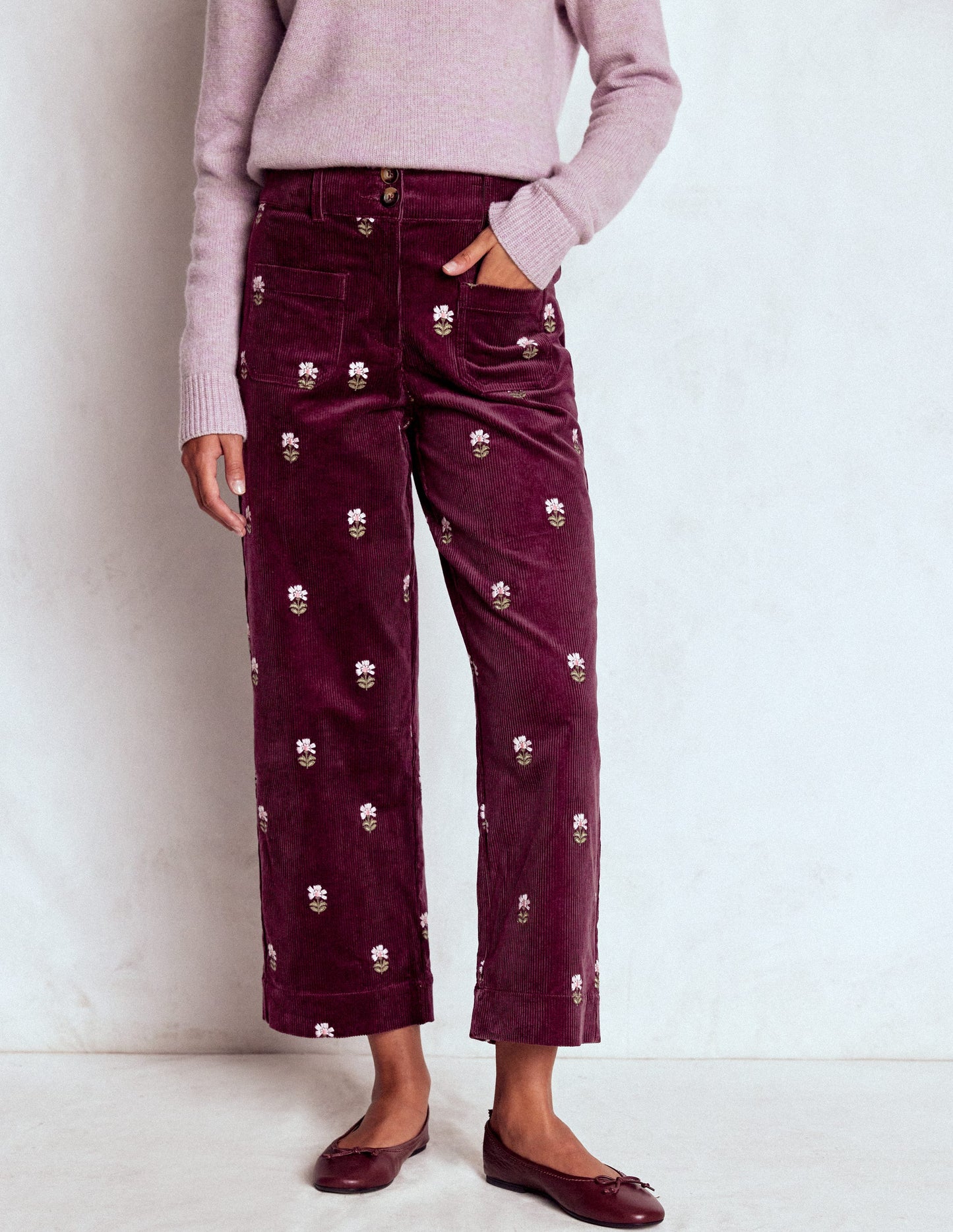 Primrose Cord Trousers-Dark Cherry Embroidery