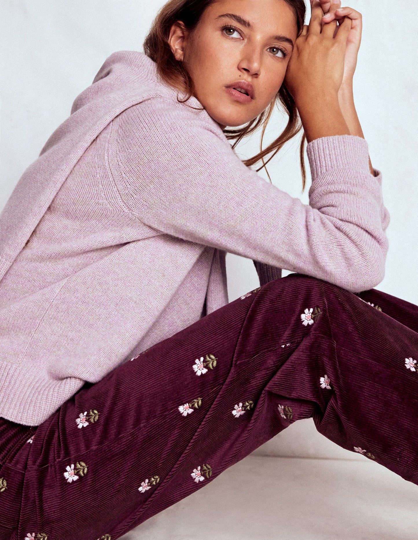 Primrose Cord Trousers-Dark Cherry Embroidery