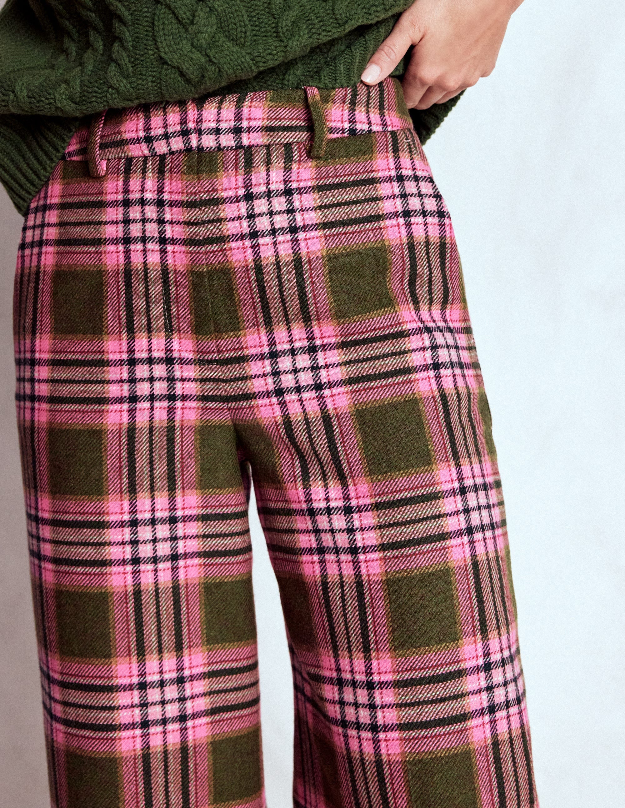 Belgravia Wool Blend Trousers-Olive, Green and Pink Check - Image 5