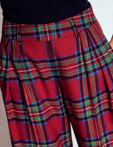 Pleated Wool Culottes-Red, Blue and Green Check