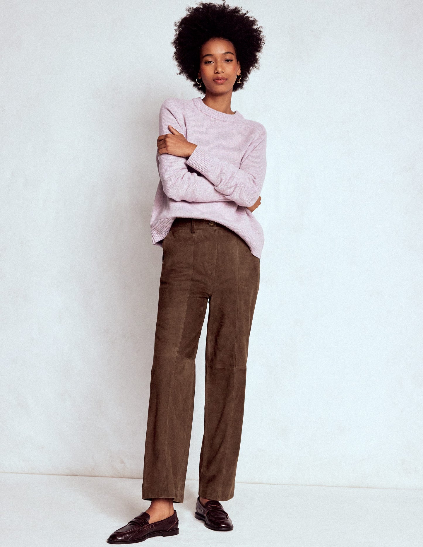 Suede Straight Leg Trousers-Dark Chocolate