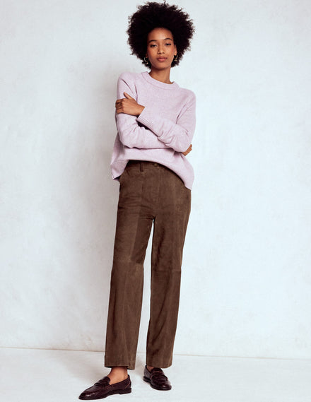 Suede Straight Leg Trousers-Dark Chocolate