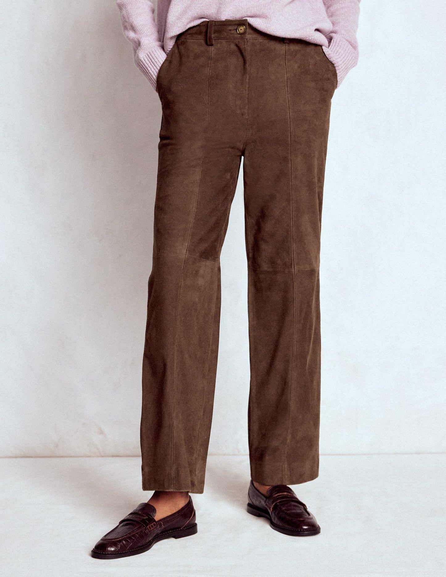 Suede Straight Leg Trousers-Dark Chocolate