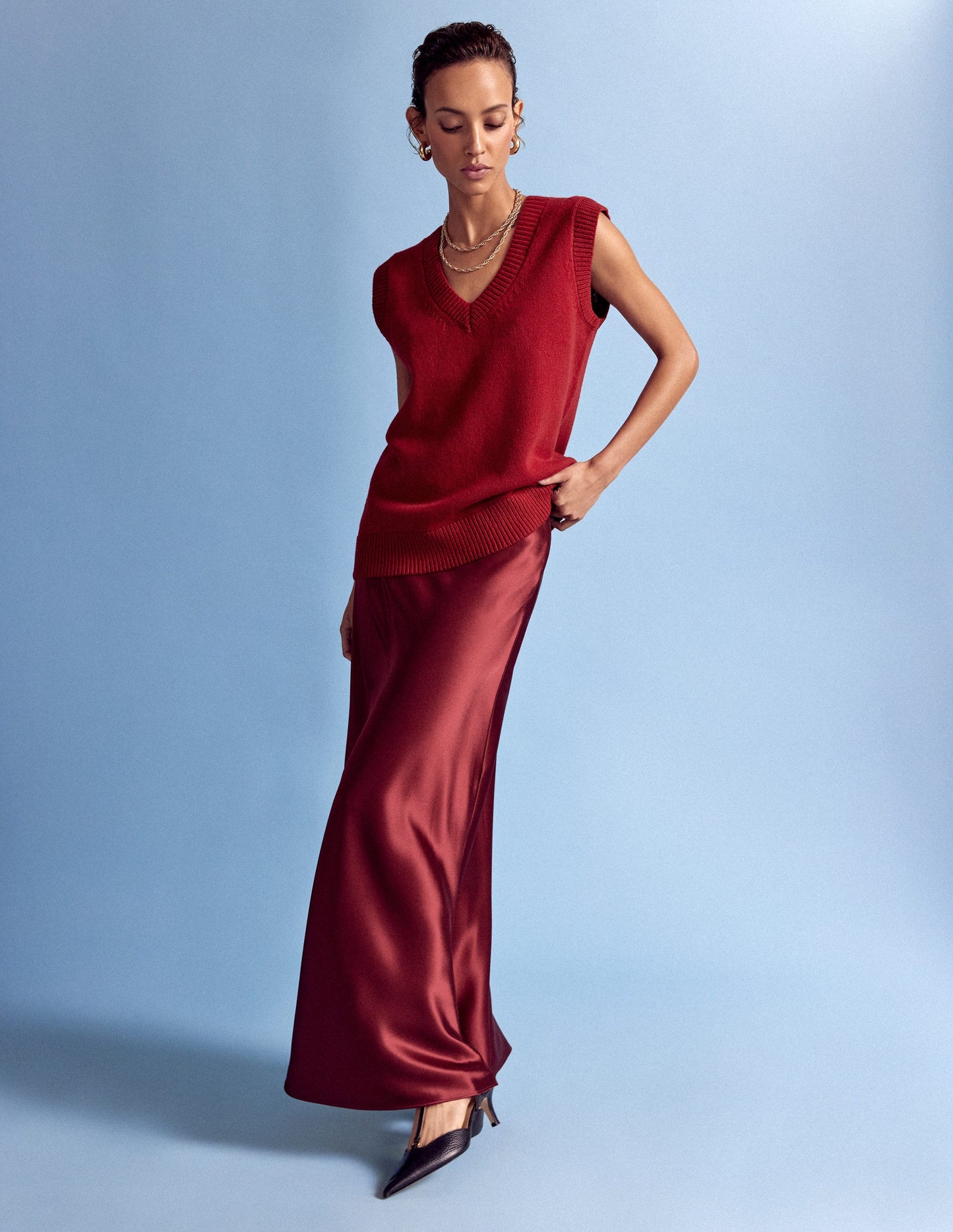 Bias Cut Slip Skirt-Chestnut