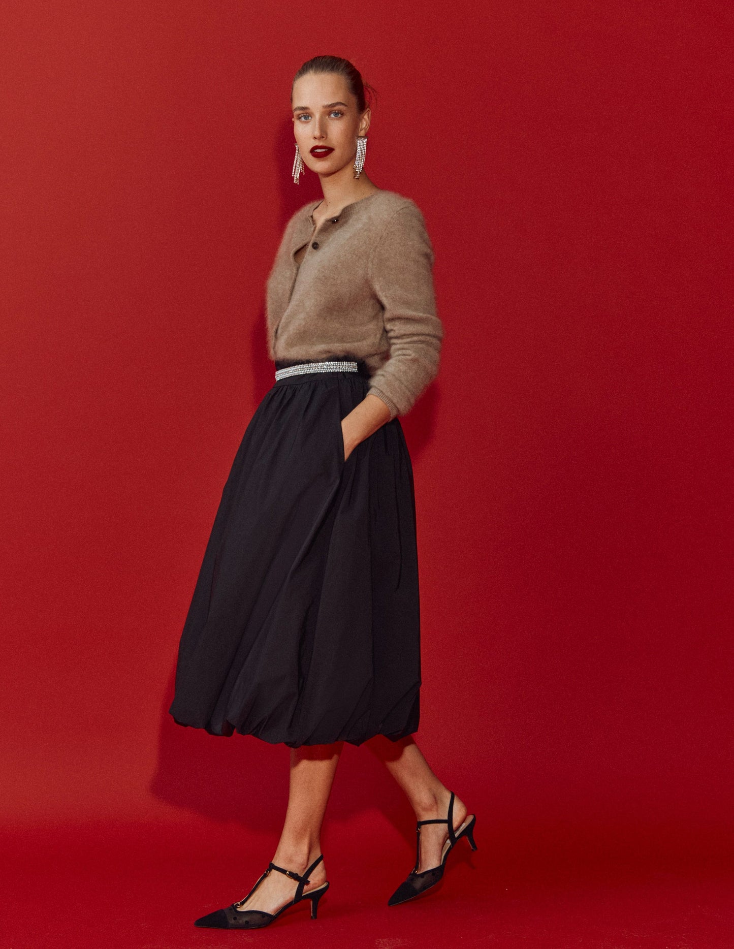 Bubble Hem Midi Skirt-Black