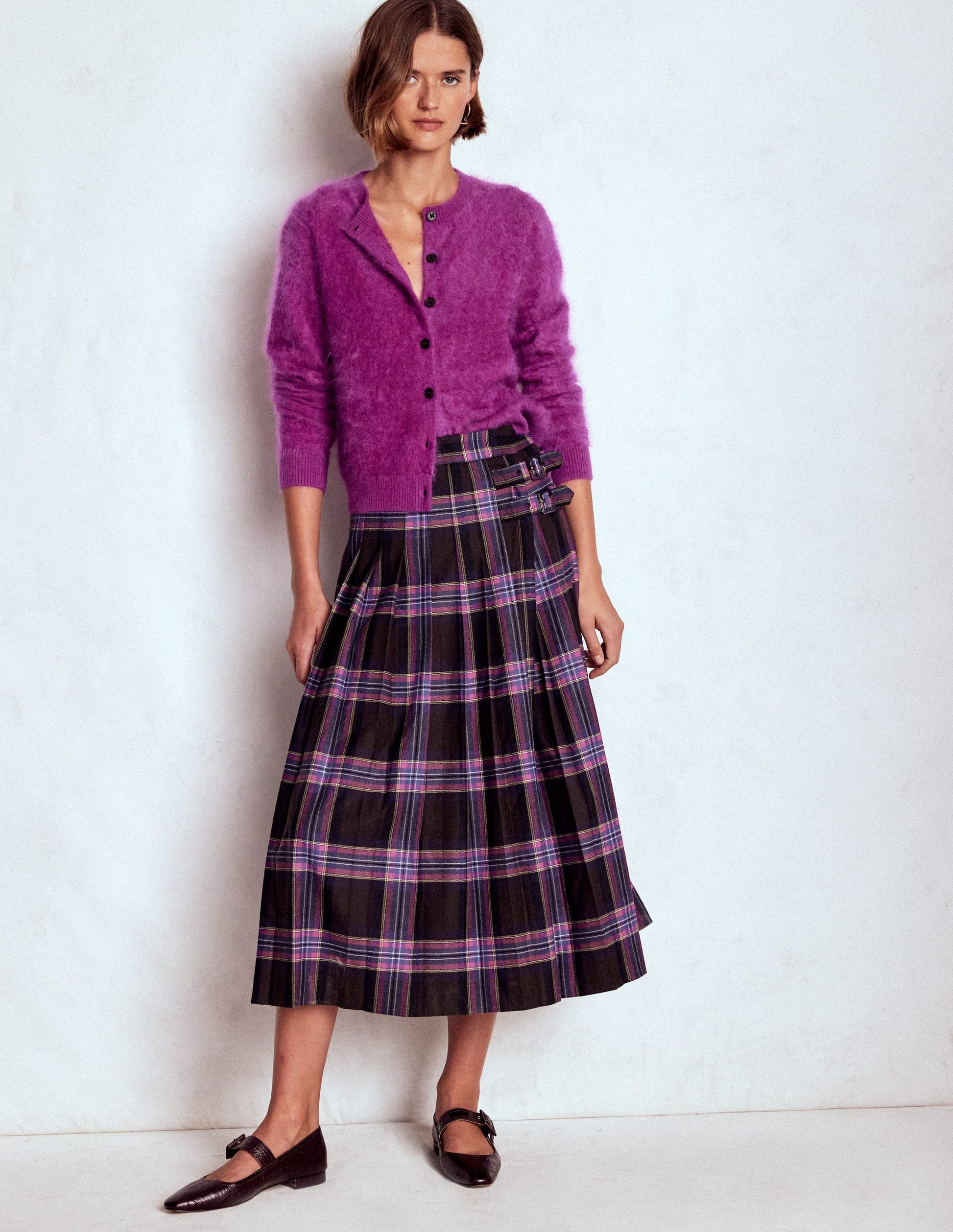 Josephine Wool Kilt Skirt-Brown, Teal & Pink Check-2