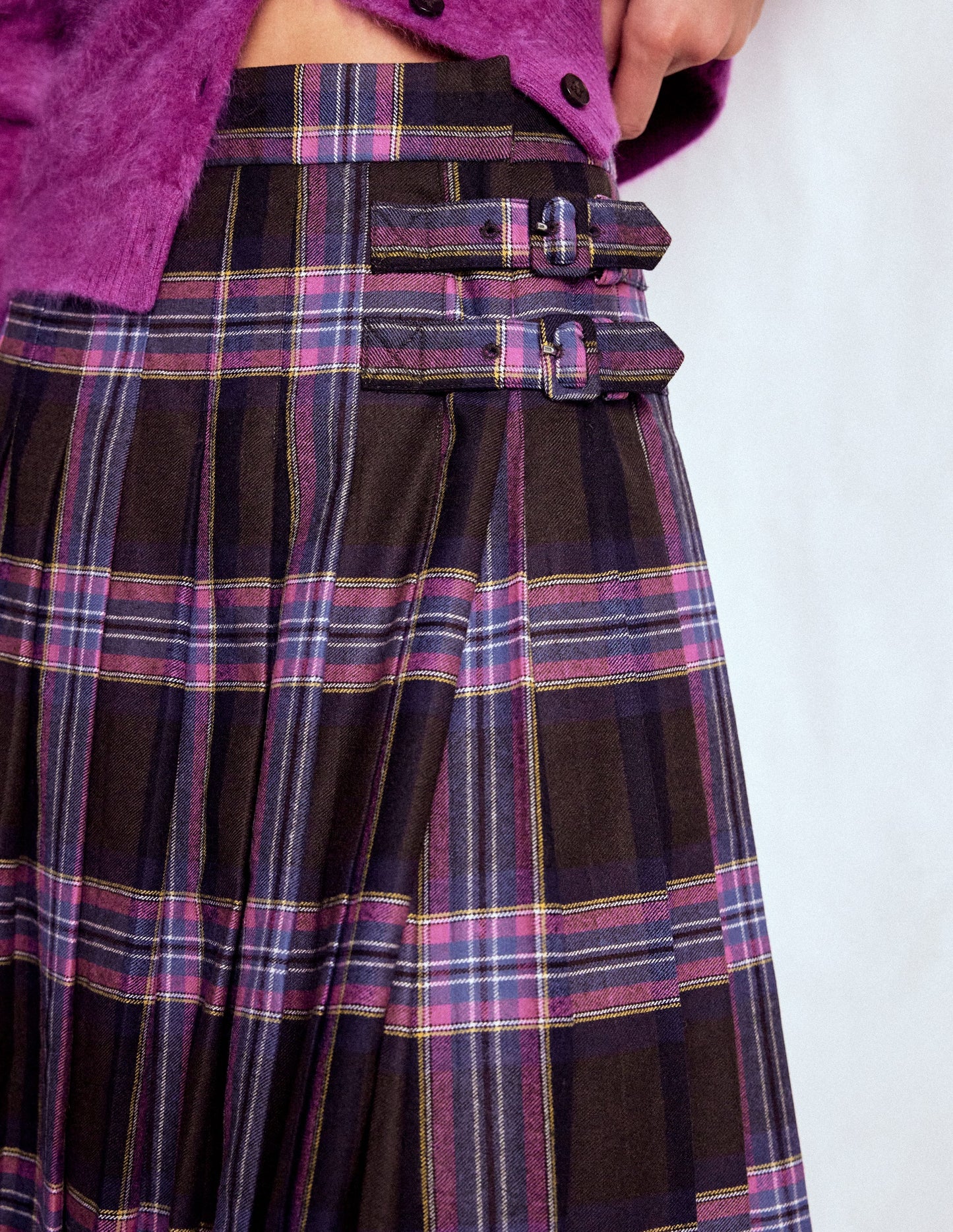 Josephine Wool Kilt Skirt-Brown, Teal & Pink Check