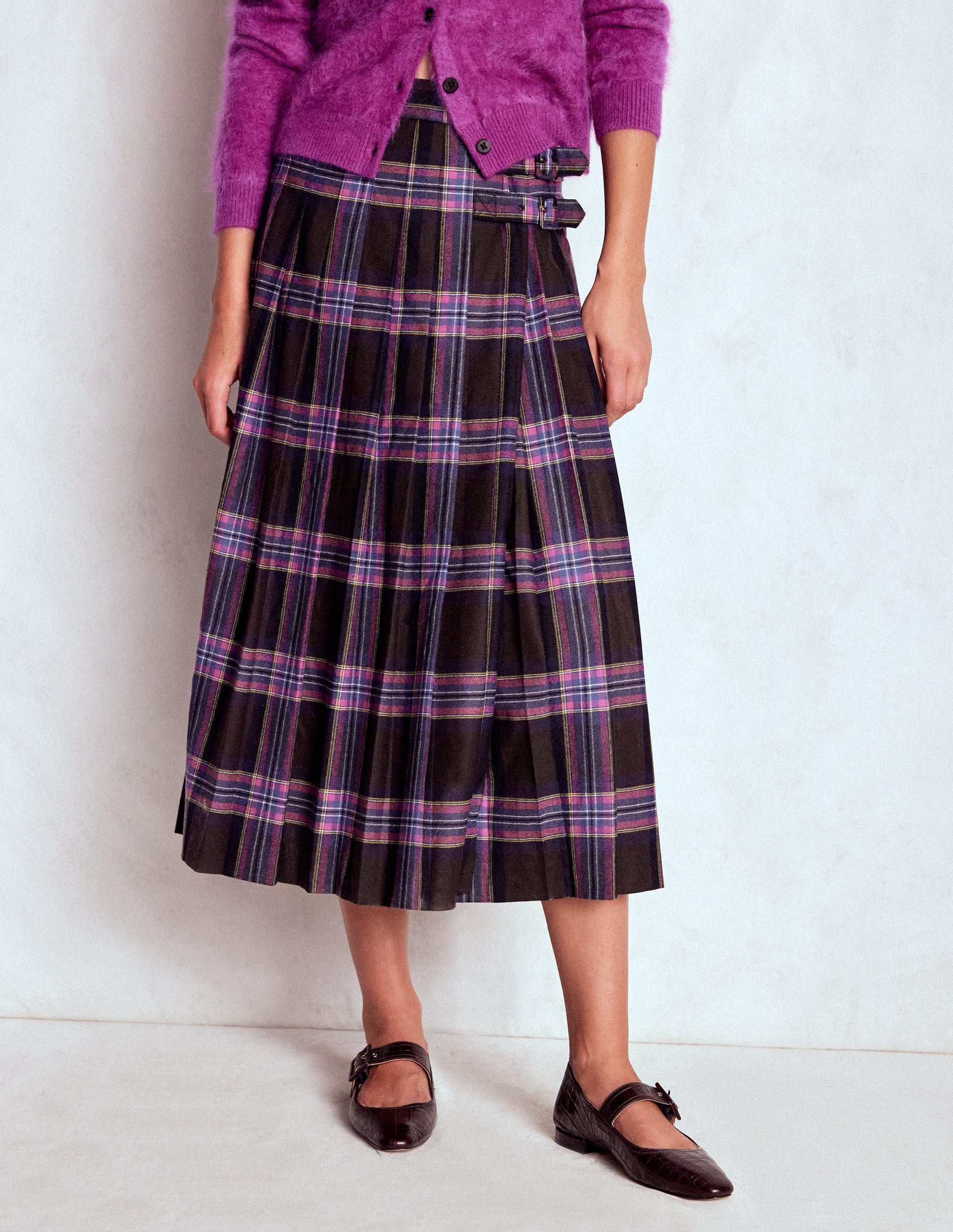 Josephine Wool Kilt Skirt-Brown, Teal & Pink Check-5