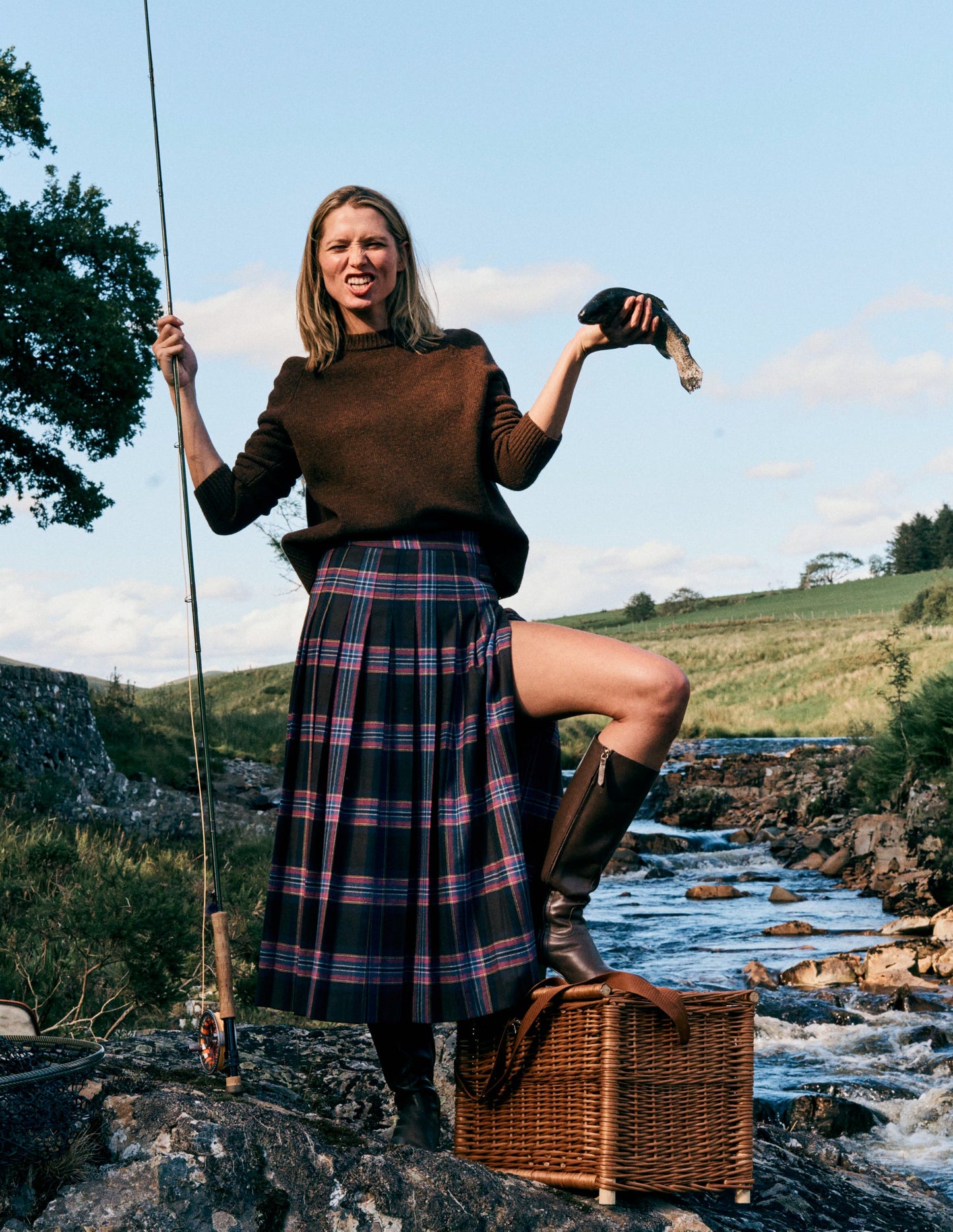 Josephine Wool Kilt Skirt-Brown, Teal & Pink Check