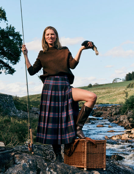Josephine Wool Kilt Skirt-Brown, Teal & Pink Check