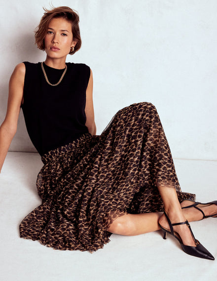 Anna Tulle Midi Skirt-Leopard