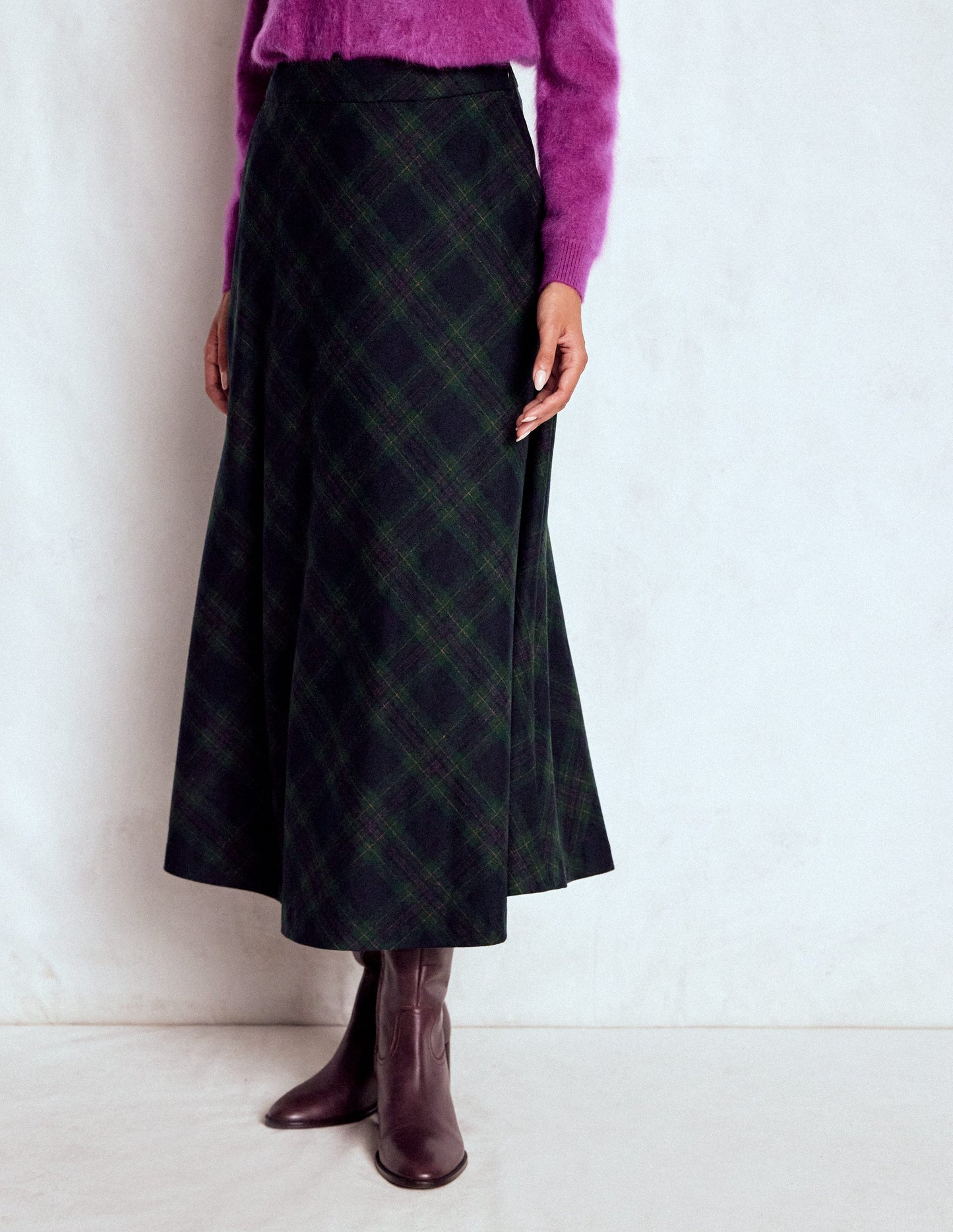 Hayley Wool Midi Skirt-Navy and Green Tonal Check