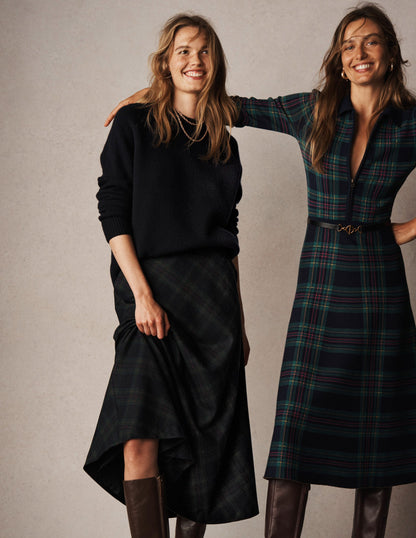 Hayley Wool Midi Skirt-Navy and Green Tonal Check-2