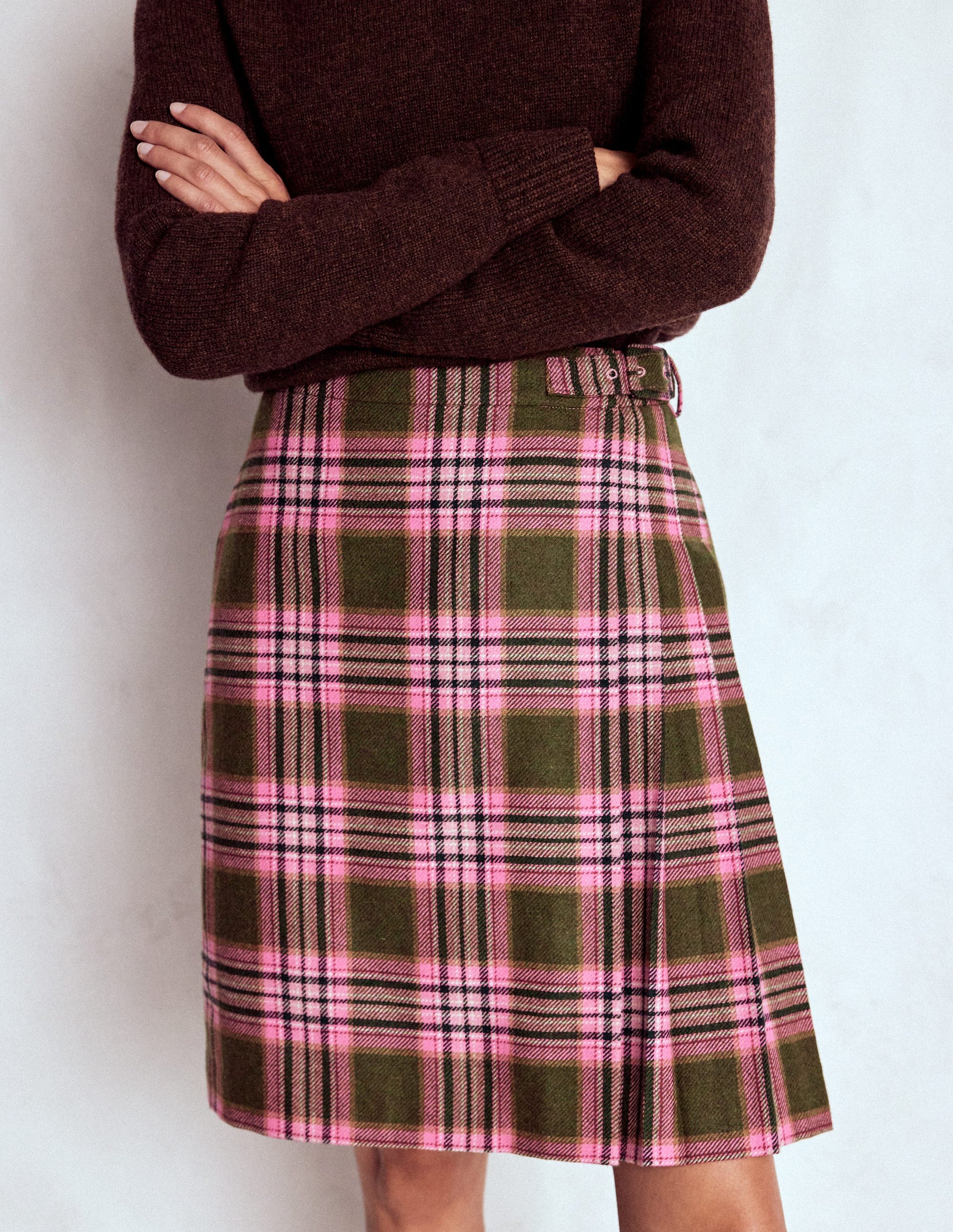 Helen Wool Kilt Skirt-Olive, Green and Pink Check-5