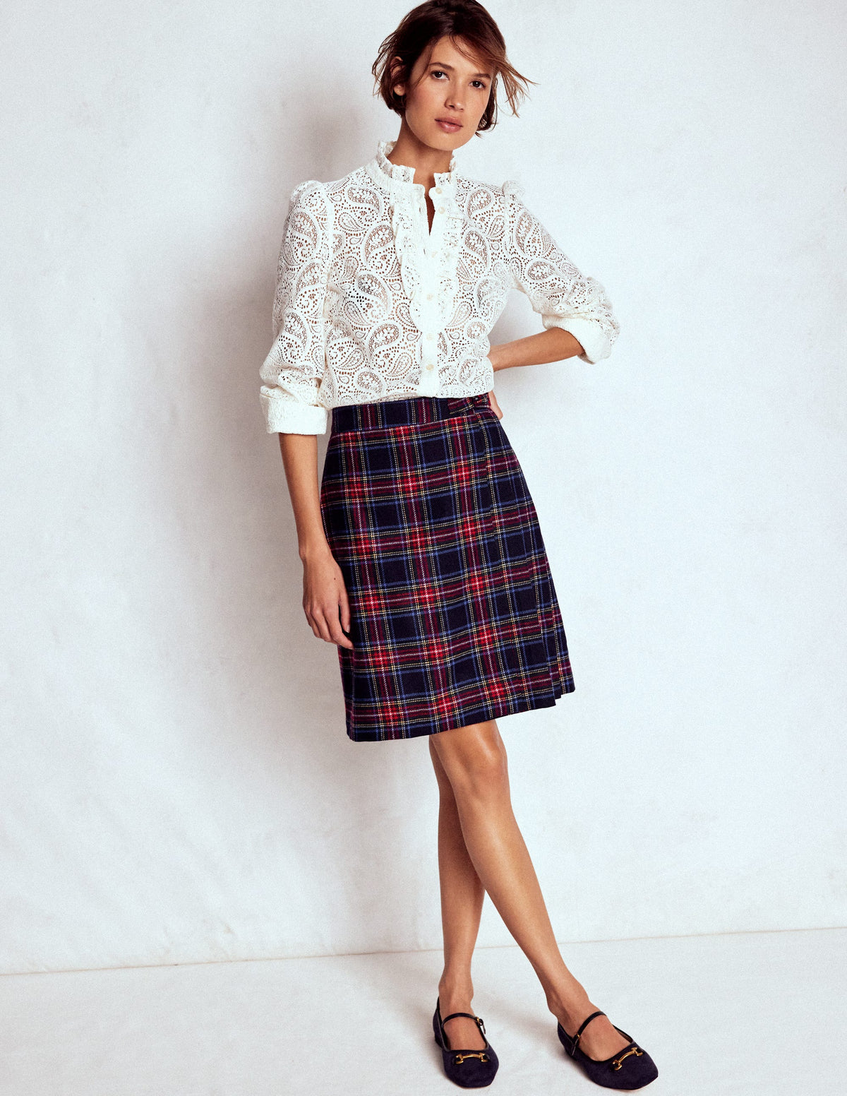 Helen Wool Kilt Skirt-Navy, Green and Red Check - Image 5
