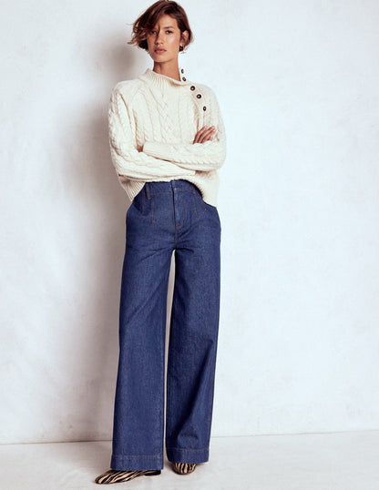 Stitch Detail Wide Leg Jeans-Indigo-1