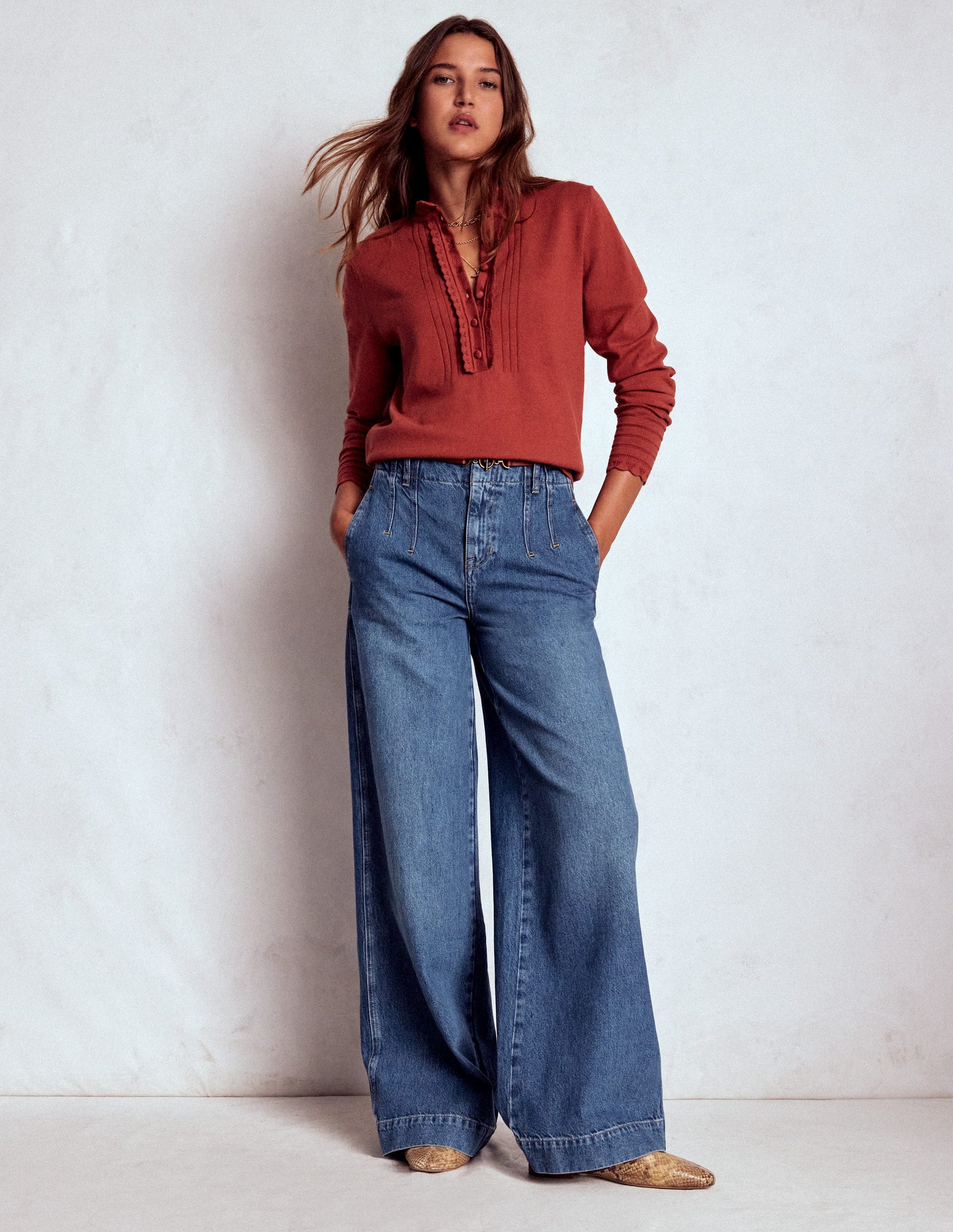 Stitch Detail Wide Leg Jeans-Mid Vintage-1