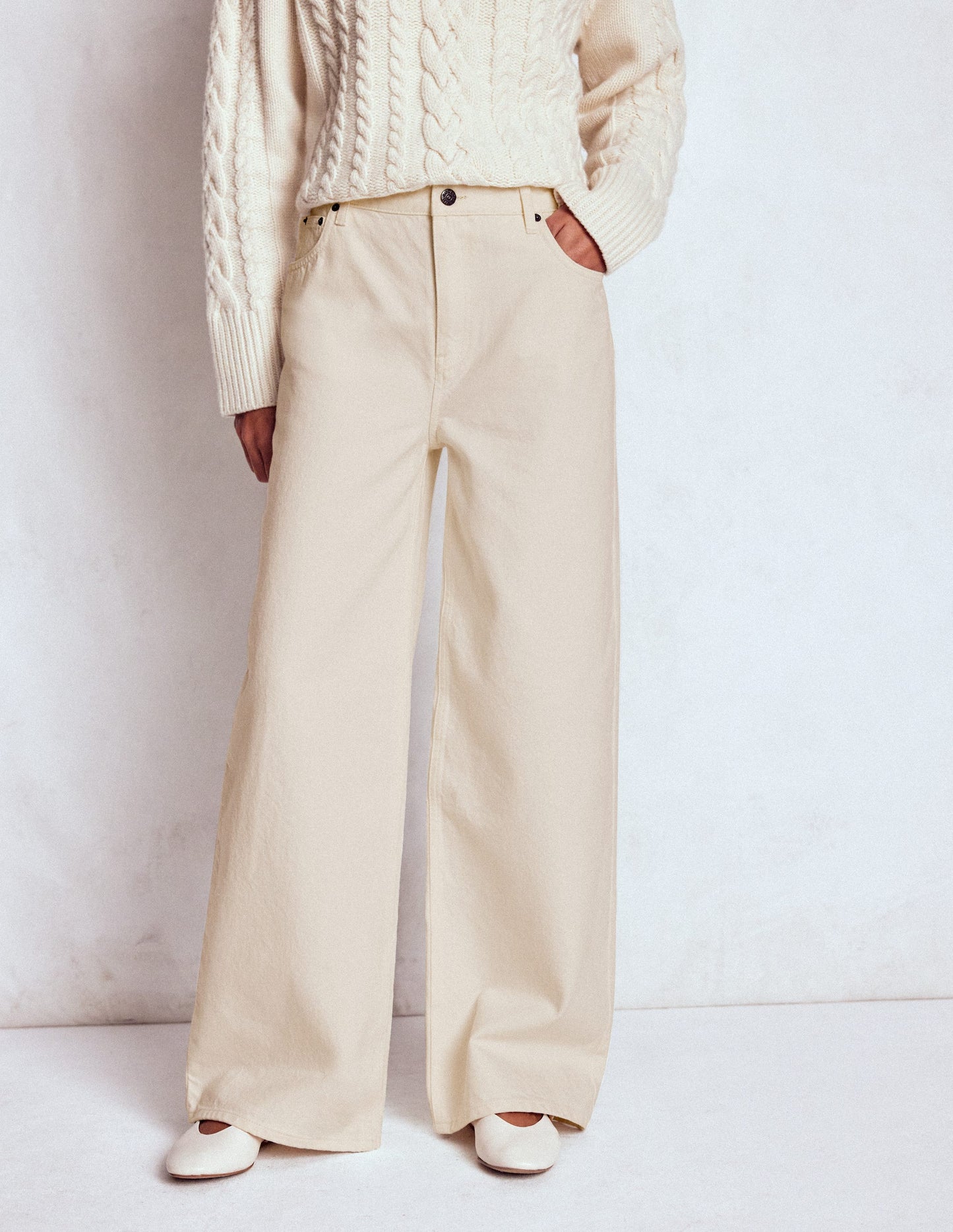 High Waist Wide Leg  Jeans-Ecru
