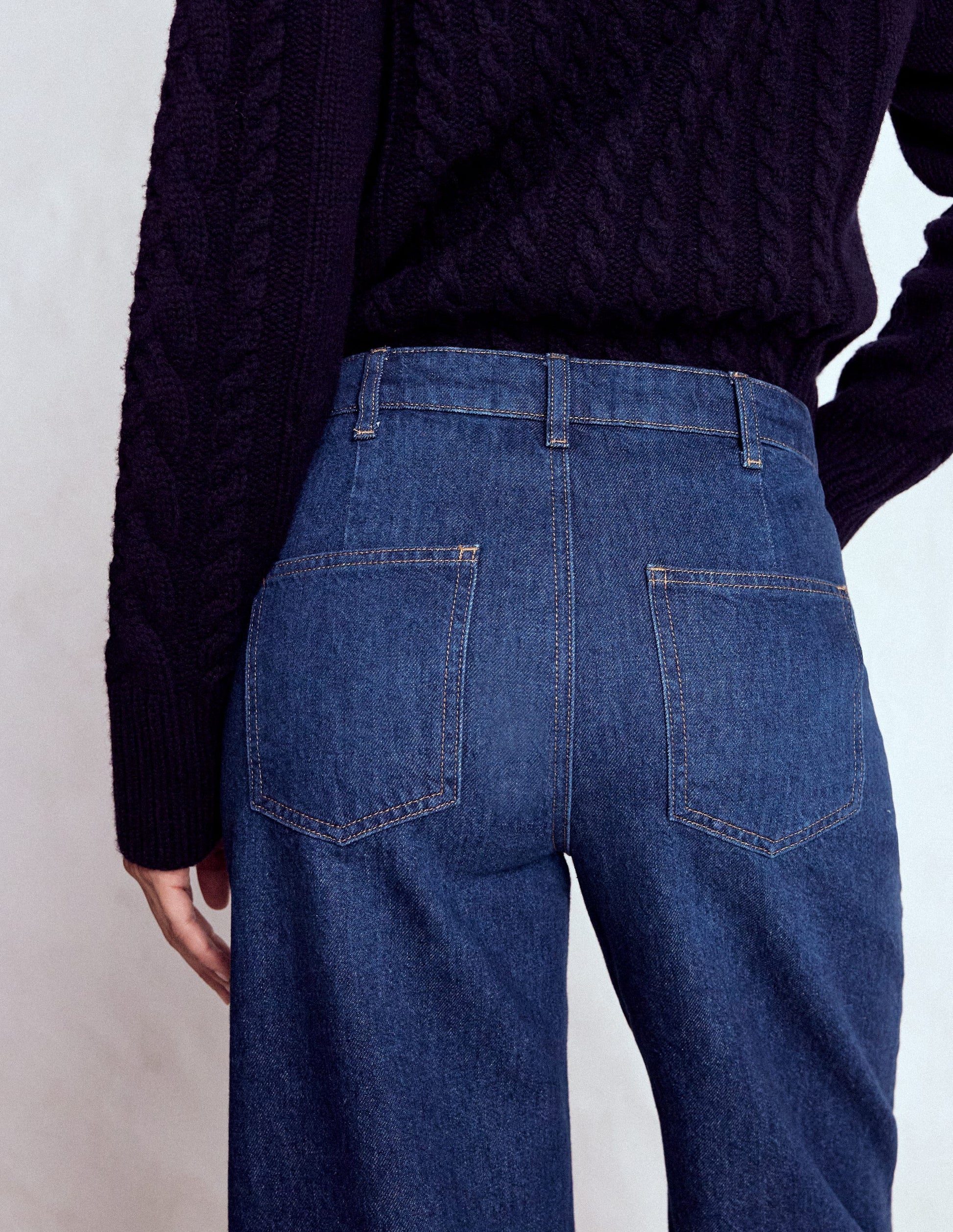 Exposed Button Straight Jeans-Indigo-2