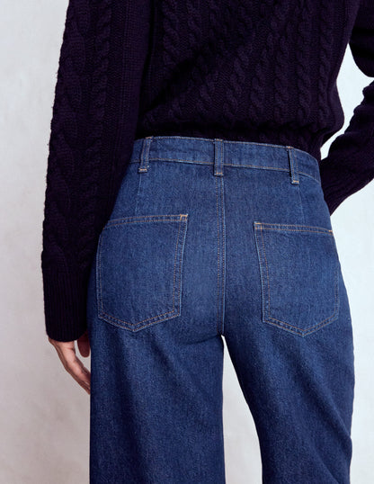 Exposed Button Straight Jeans-Indigo-2