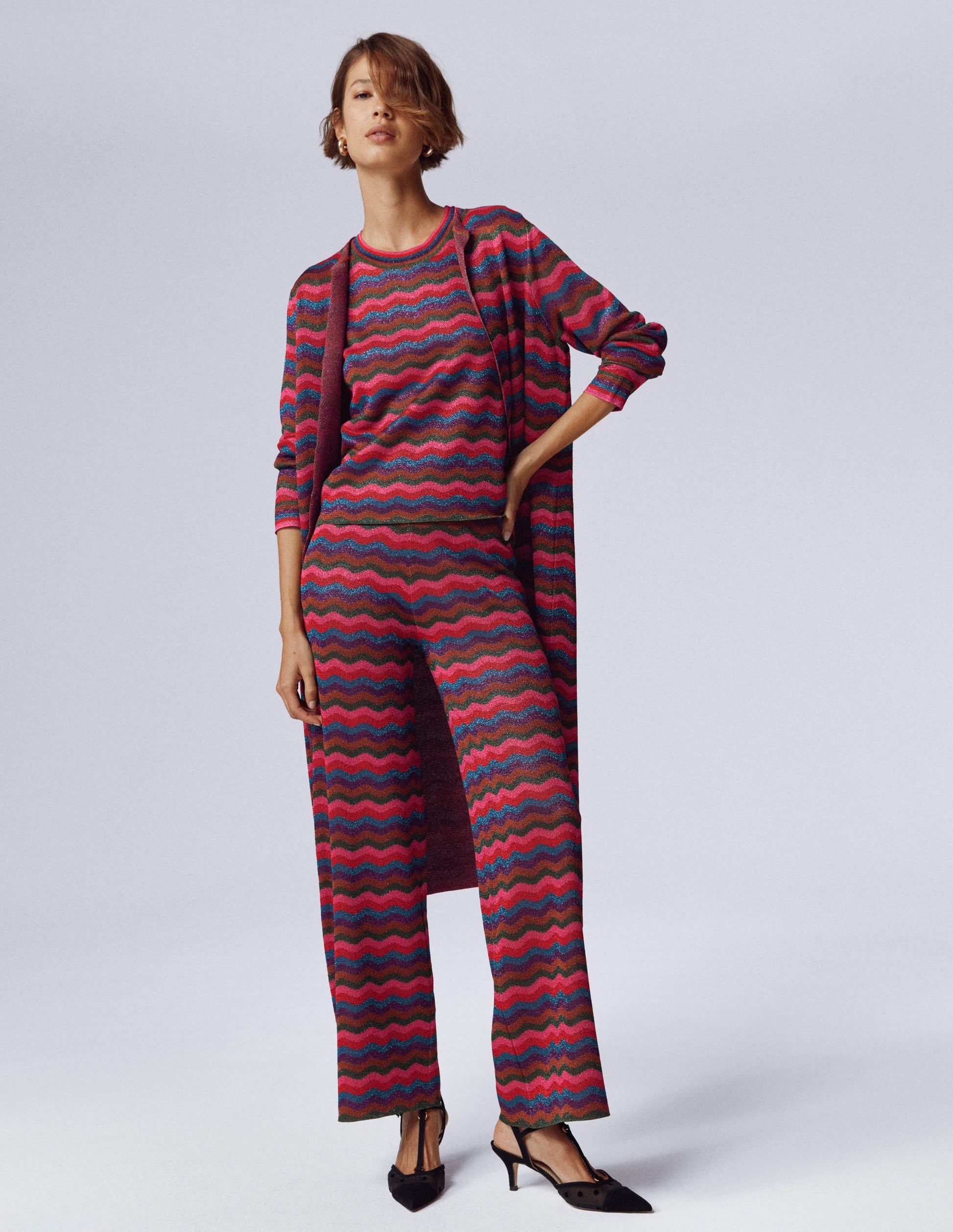 Jacquard Knitted Trousers-Jewel Toned Metallic Wave-1