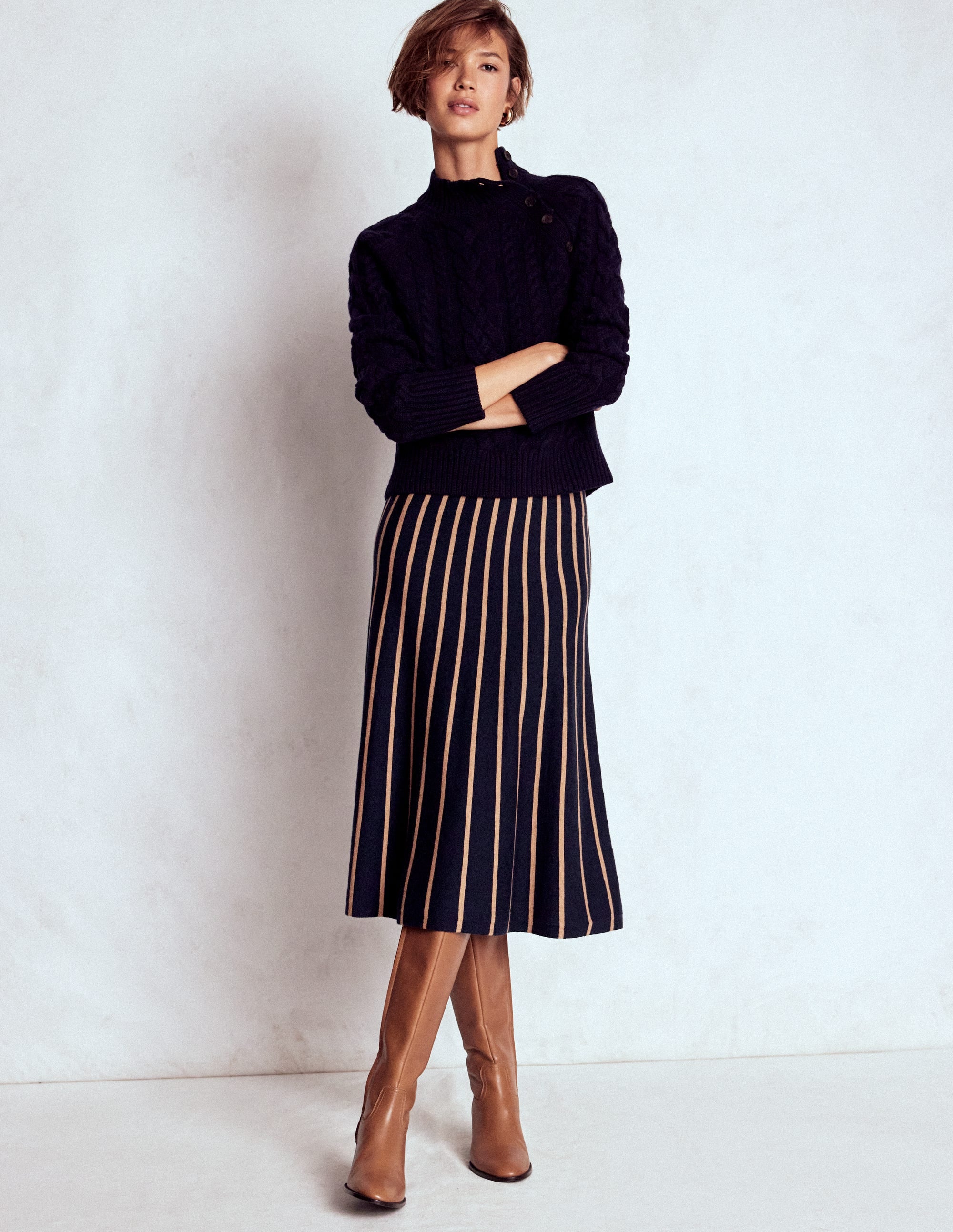 Liz Knitted Midi Skirt-Navy and Camel Stripe | Boden Global