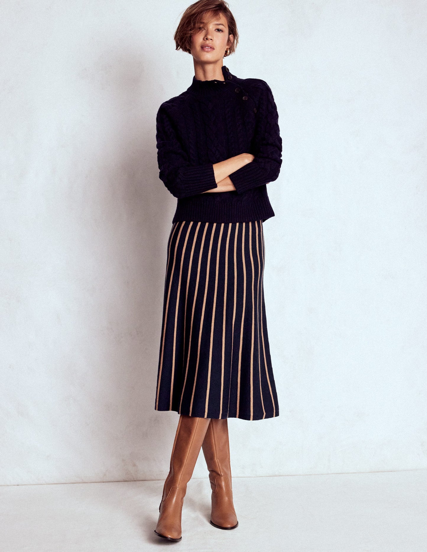Liz Knitted Midi Skirt-Navy and Camel Stripe