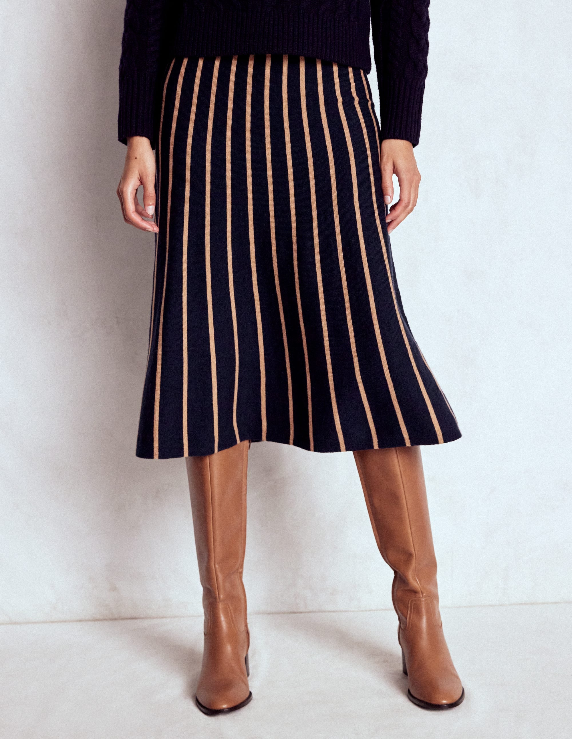 Liz Knitted Midi Skirt-Navy and Camel Stripe | Boden Global