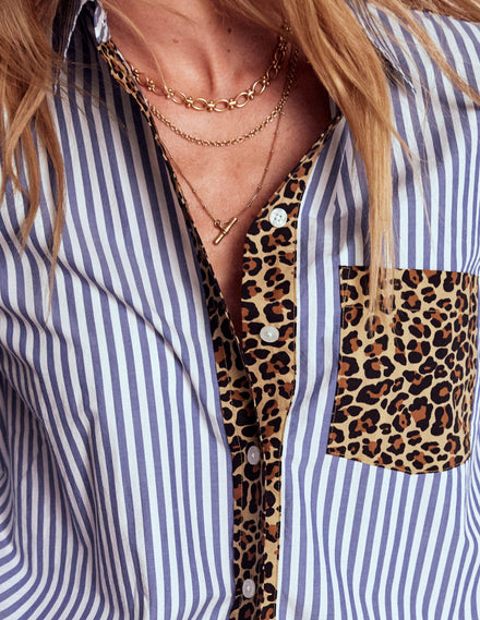 Sadie Relaxed Cotton Shirt-Blue Stripe, Cheetah Pop Hotch