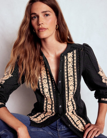 Embroidered Cotton Top-Black