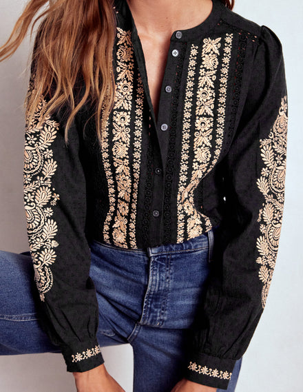 Embroidered Cotton Top-Black