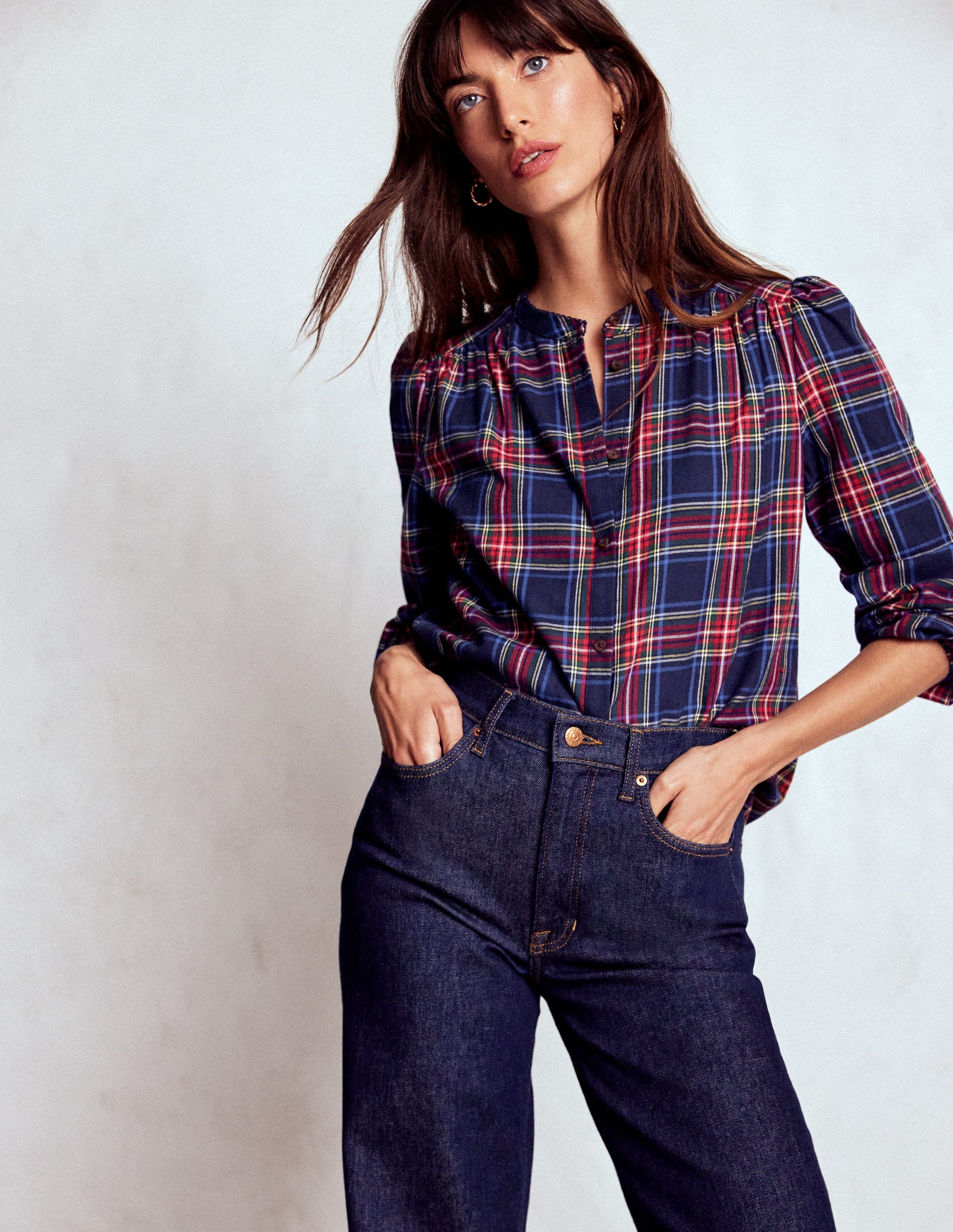 Layla Brushed Cotton Top-Navy and Red Check-1