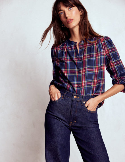 Layla Brushed Cotton Top-Navy and Red Check