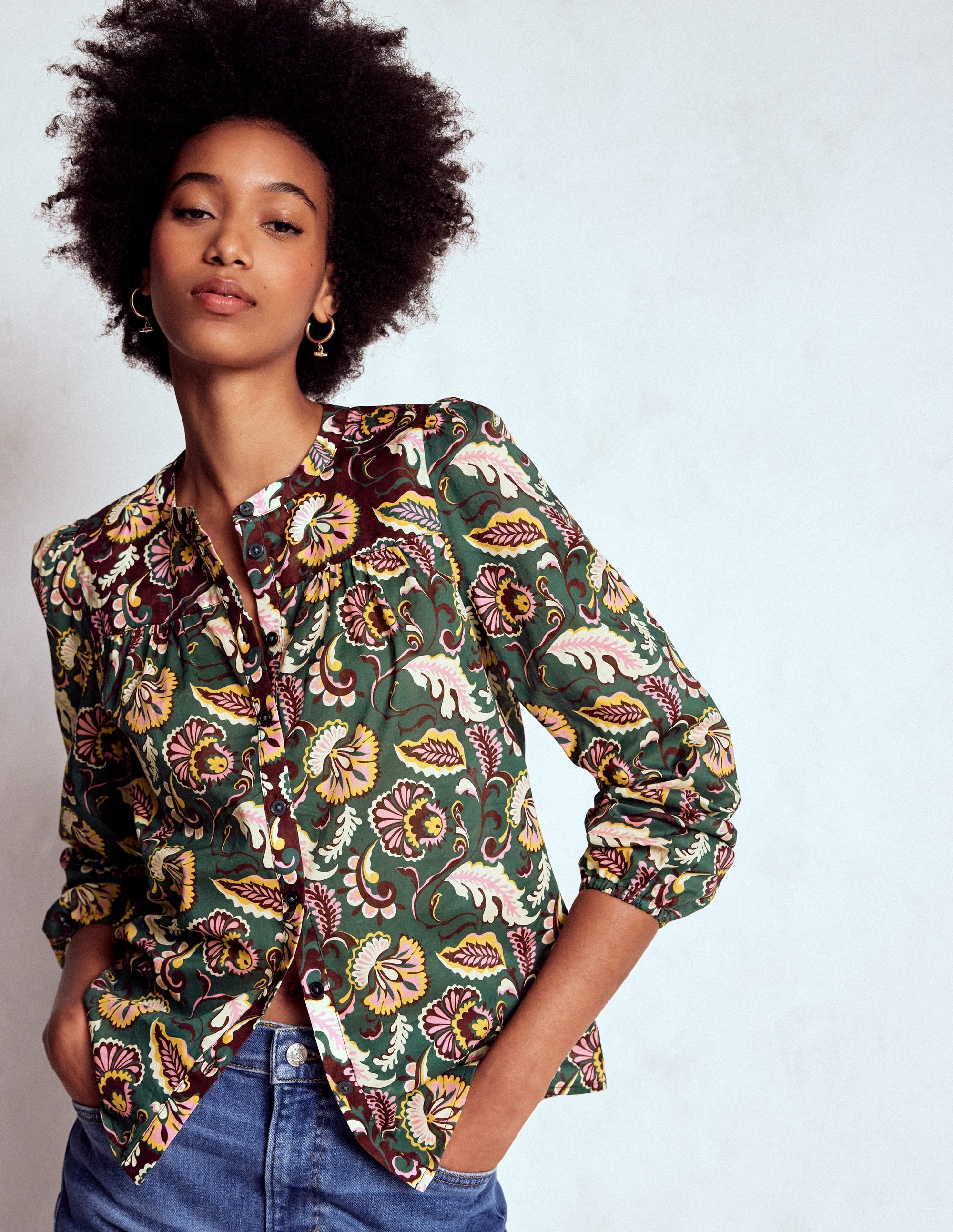 Corrine Cotton Top-Dark Green, Ornate Meadow - Image 1