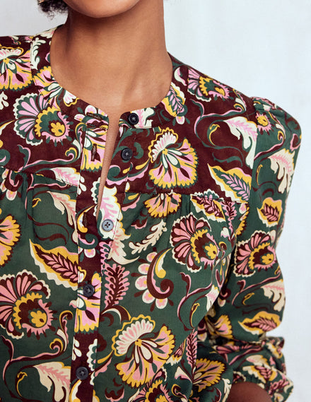 Corrine Cotton Top-Dark Green, Ornate Meadow